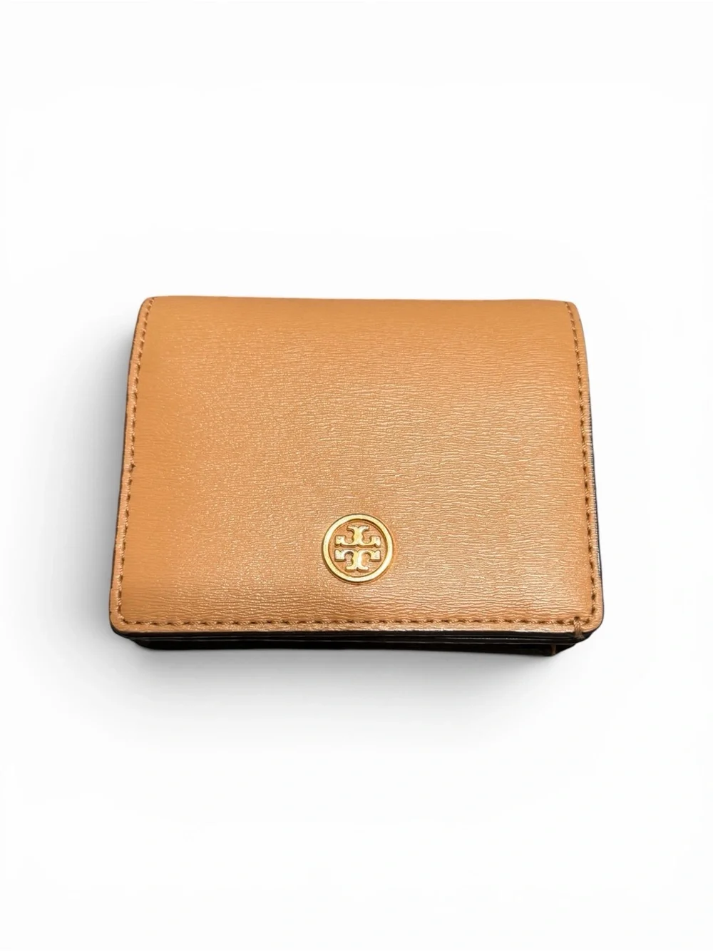 Tory Burch Caramel Saffiano Leather Compact Wallet with Gold Logo - Picture 1 of 4